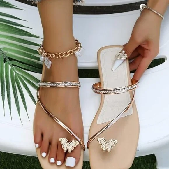 Metallic Rhinestone Butterfly Flat Sandals - Picture 2 of 5